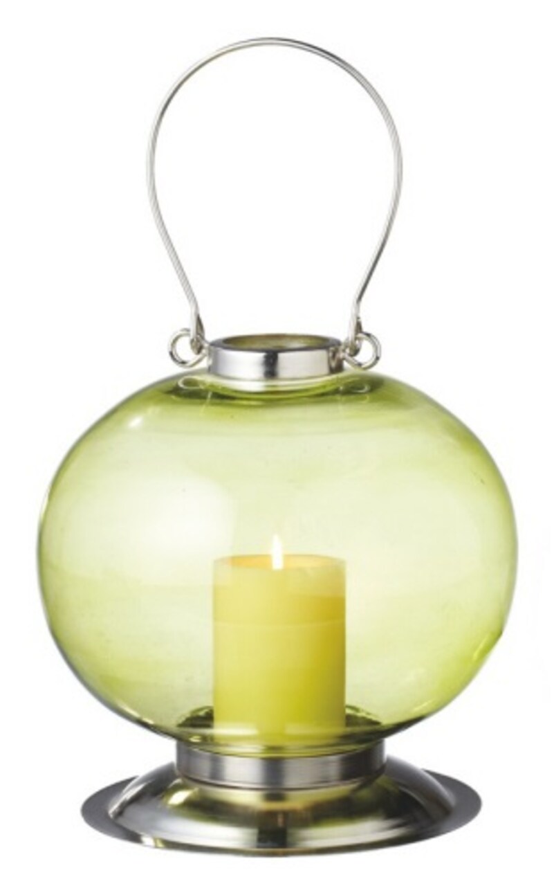 Midwest 10.5" Fancy Fair Round Silver and Green Retro Glass Pillar Candle Holder Lantern